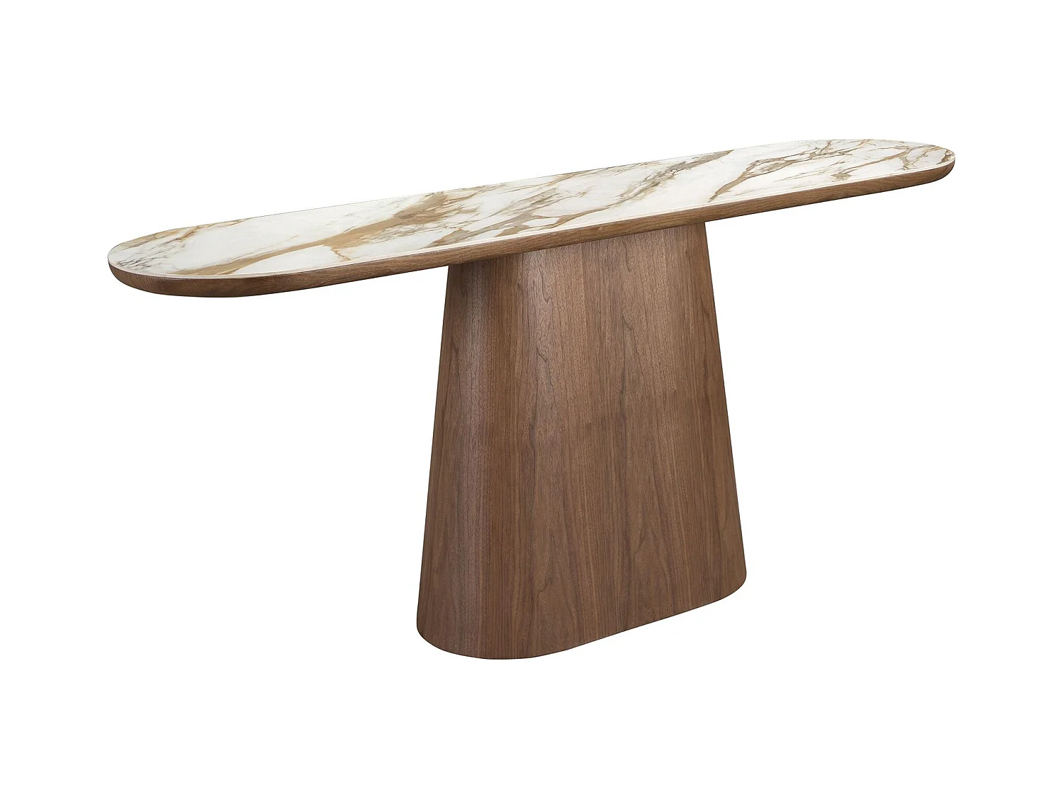 Ovaler halbrunder Konsolentisch aus Porzellanmarmor und Nussbaum