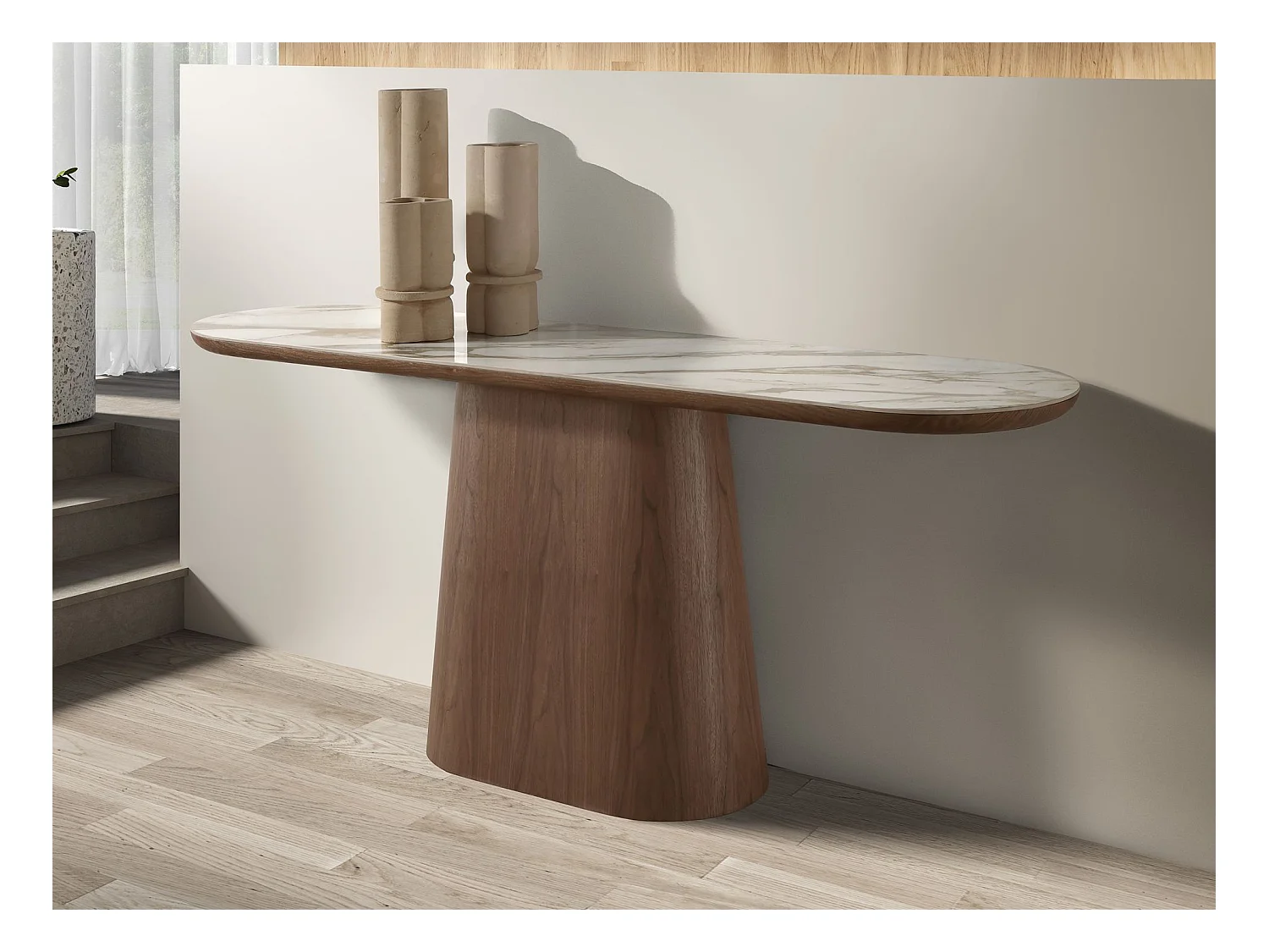 Ovaler halbrunder Konsolentisch aus Porzellanmarmor und Nussbaum