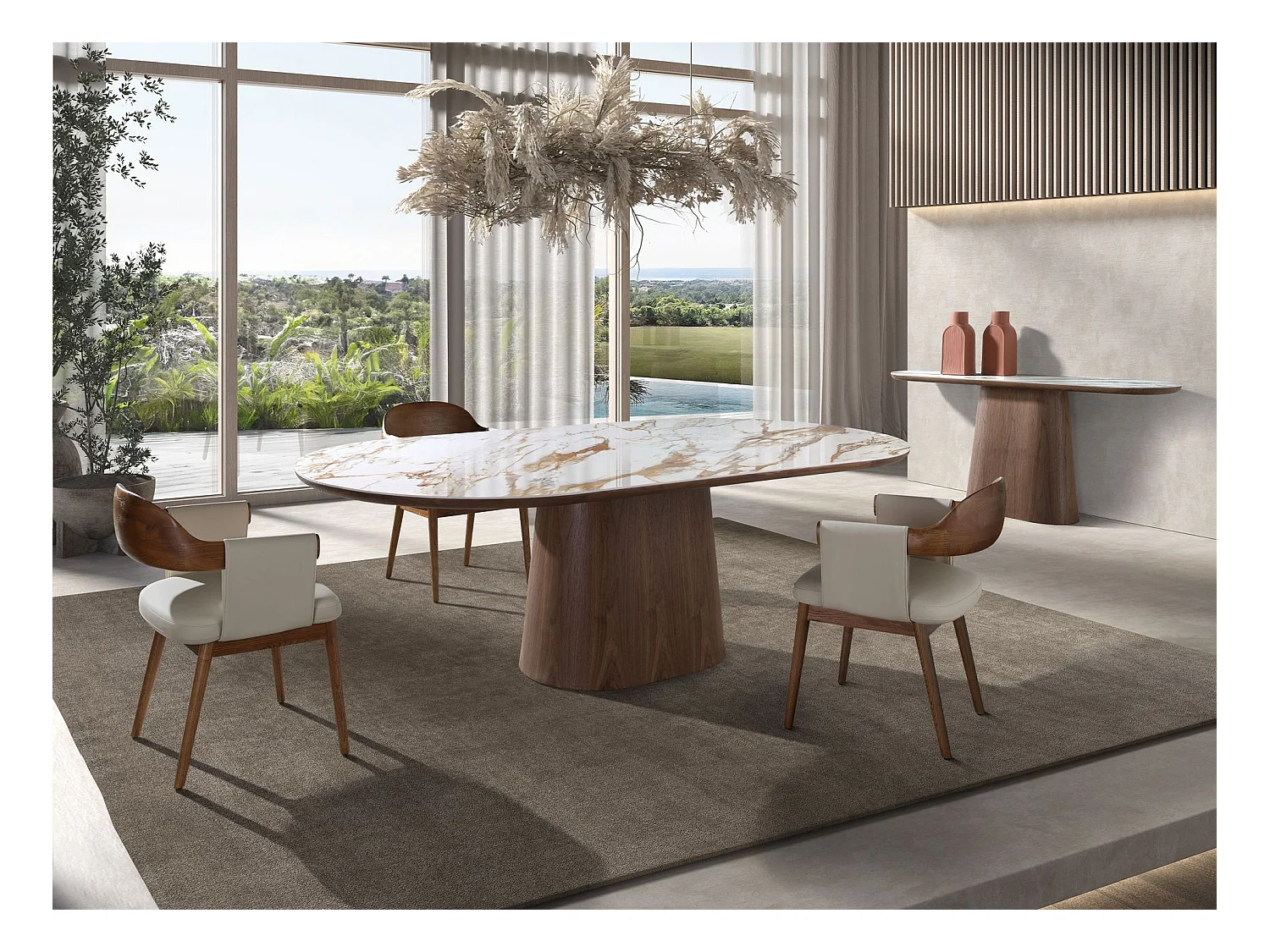 Ovaler halbrunder Konsolentisch aus Porzellanmarmor und Nussbaum