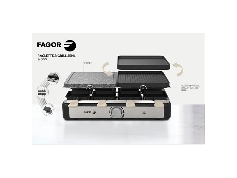 Raclette / Grill - FAGOR - FGRG8 - 8 personnes - Pierre de Cuisson - 1400W - Thermostat réglable