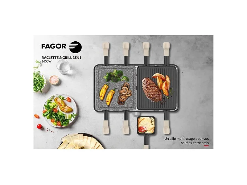 Raclette / Grill - FAGOR - FGRG8 - 8 personnes - Pierre de Cuisson - 1400W - Thermostat réglable