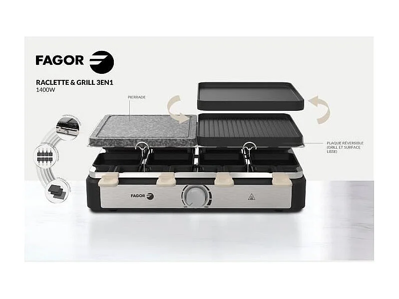 Raclette / Grill - FAGOR - FGRG8 - 8 personnes - Pierre de Cuisson - 1400W - Thermostat réglable