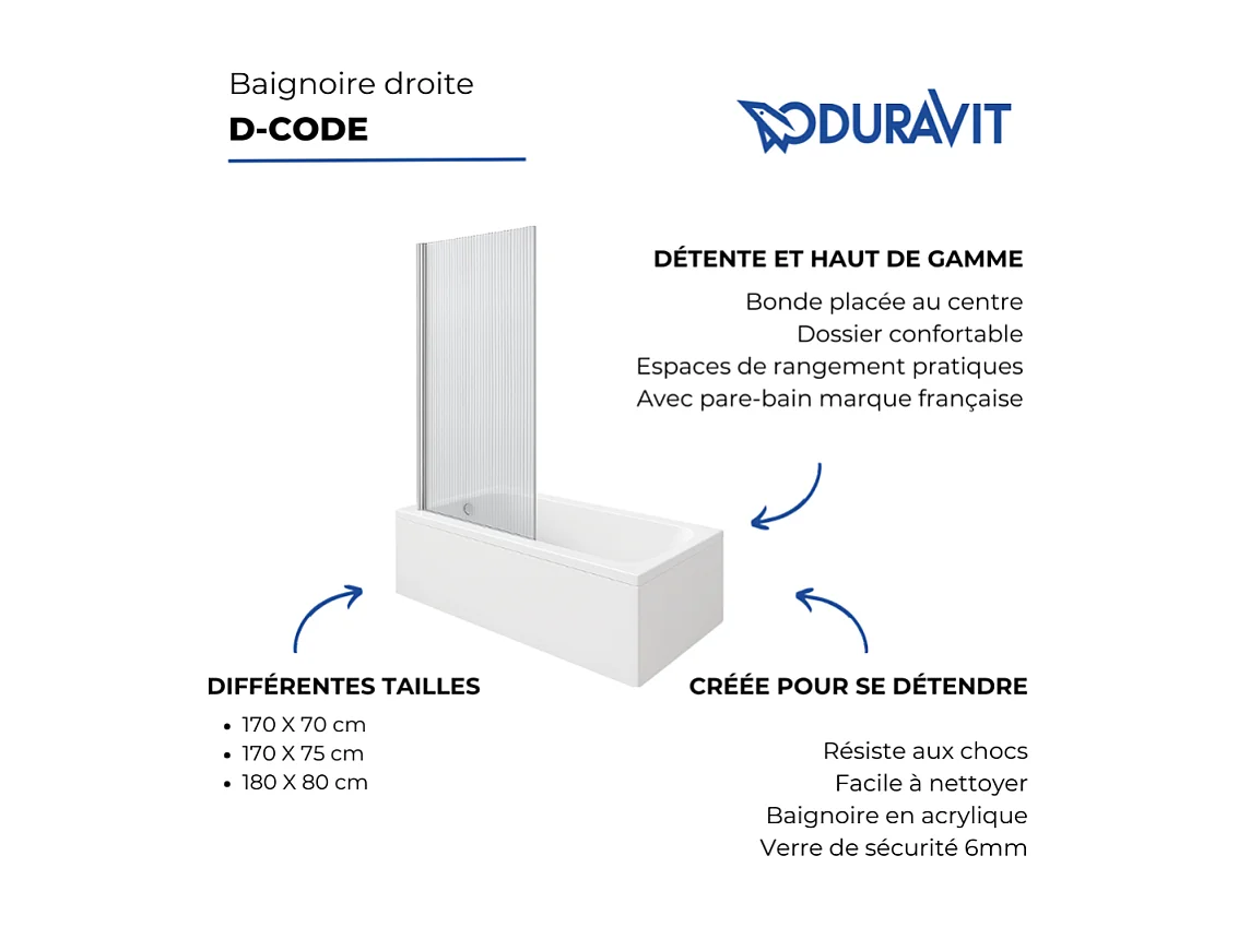 Baignoire droite DURAVIT D-Code 170 x75 cm + Pare bain gauche AURYS Raywall chromé version gauche