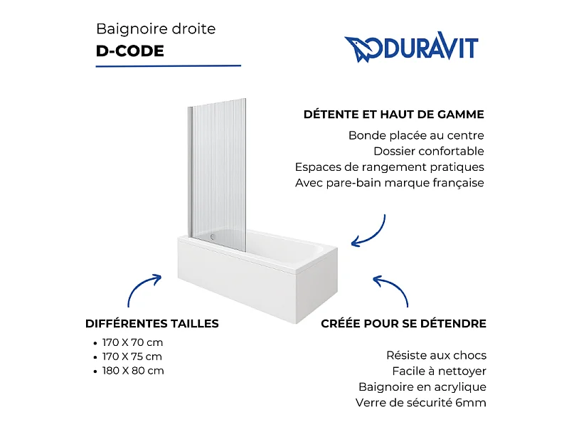 Baignoire droite DURAVIT D-Code bonde au cente 170 x 75 cm + Pare bain AURYS Raywall chromé version gauche