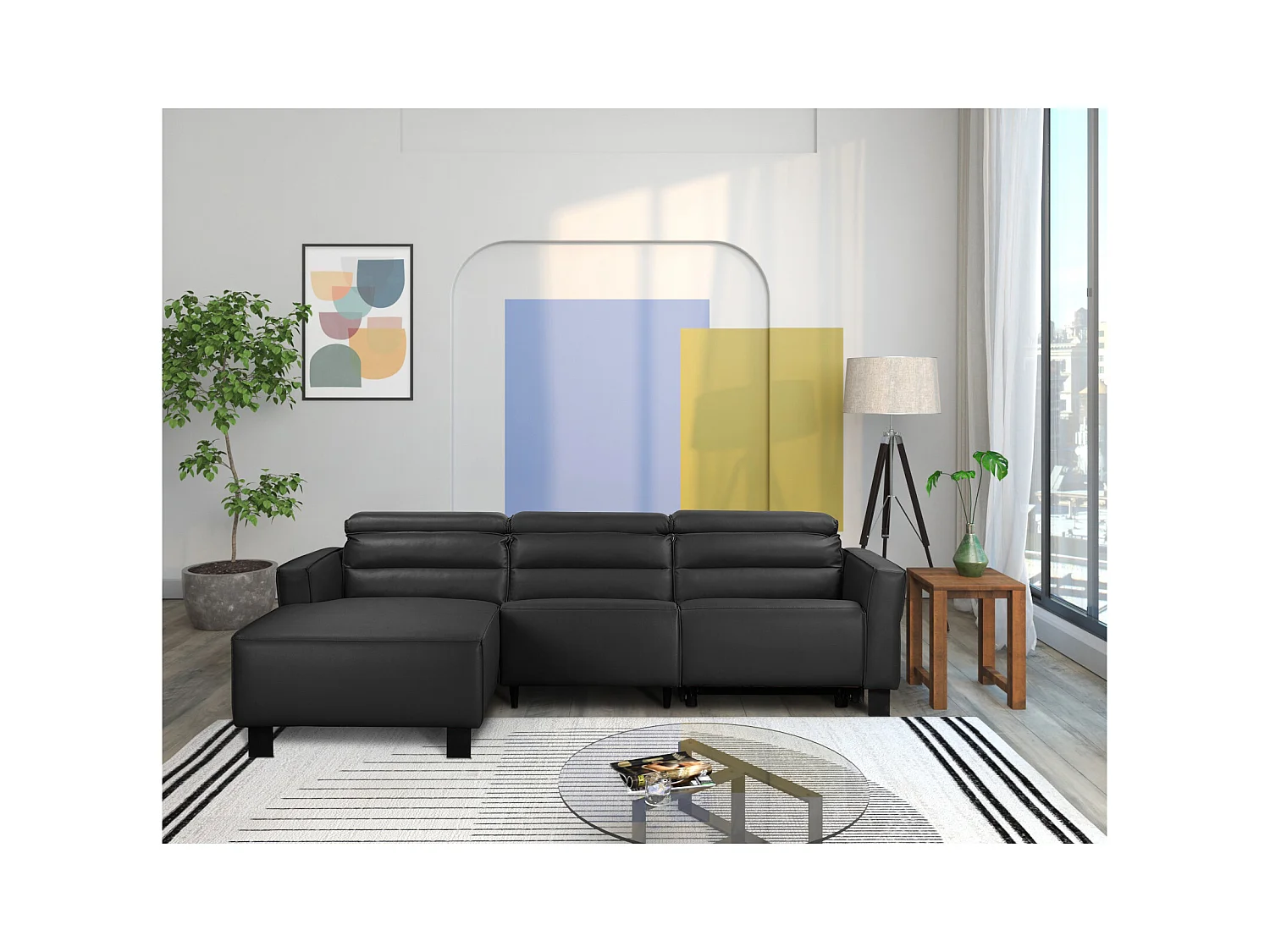 Carpari | Sofá esquinero de 3 plazas con 1 sillón reclinable eléctrico en PU negro