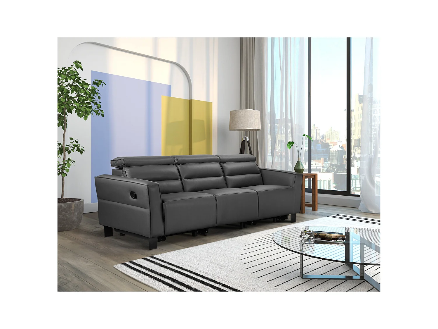 Lund | Canapé 3 places avec 2 fauteuils inclinables manuels en velours côtelé anthracite