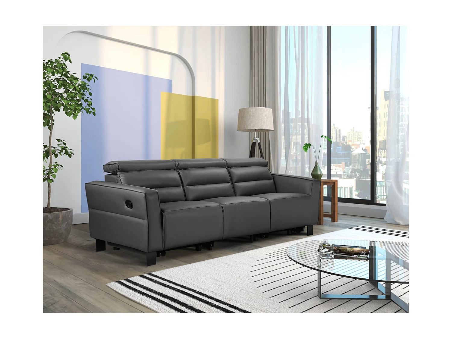 Lund | Canapé 3 places avec 2 fauteuils inclinables manuels en velours côtelé anthracite