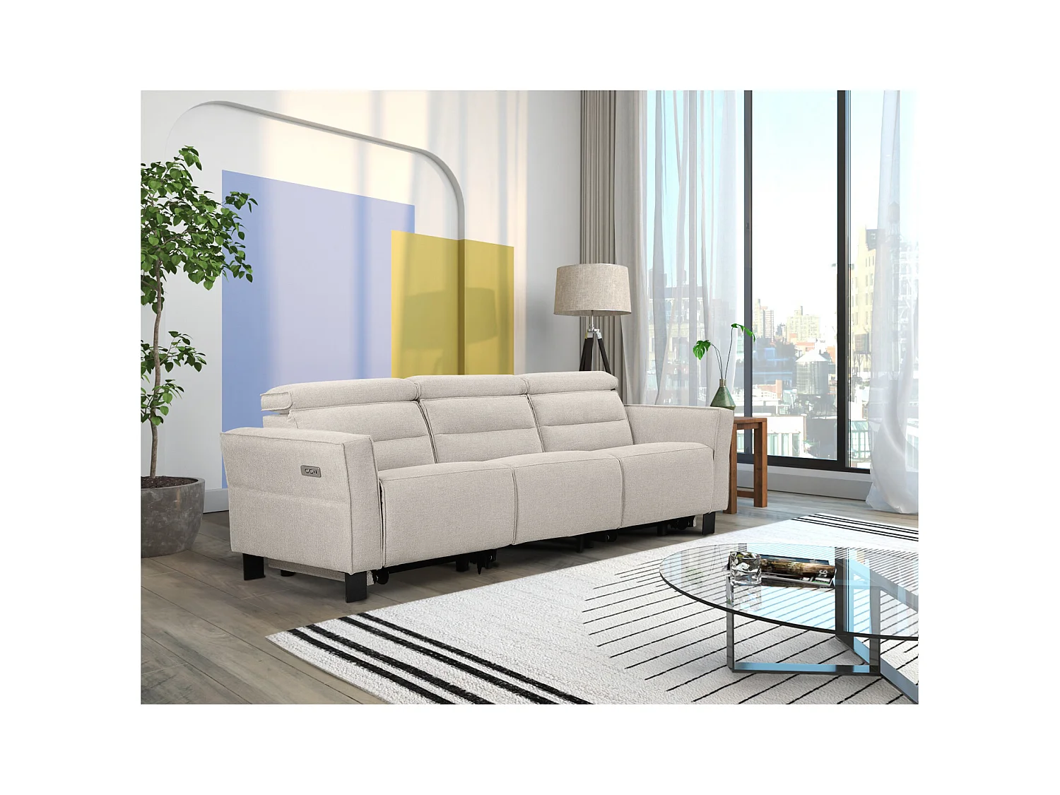 3-zits bank met 2 elektrische relaxstoelen in crèmekleurige stof