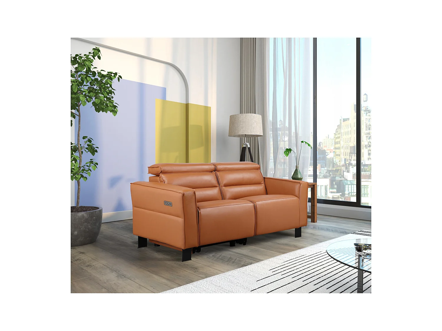 2-zits bank met 1 elektrische relaxfunctie in leer PU cognac