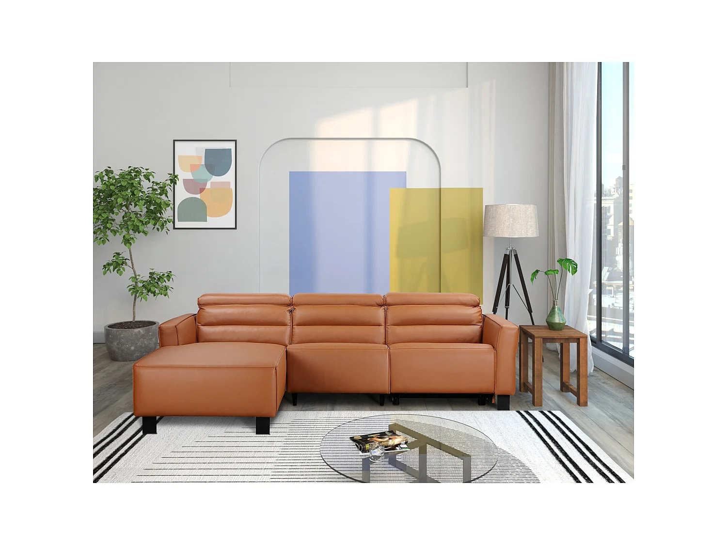 Hoekbank 3-zits met handmatige functie in PU leder cognac