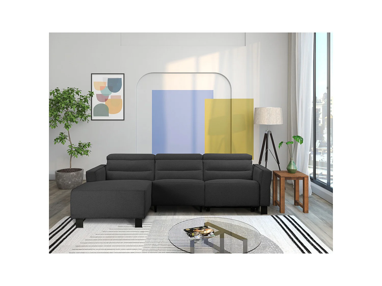 Hoekbank 3-zits met handmatige functie in antraciet stof