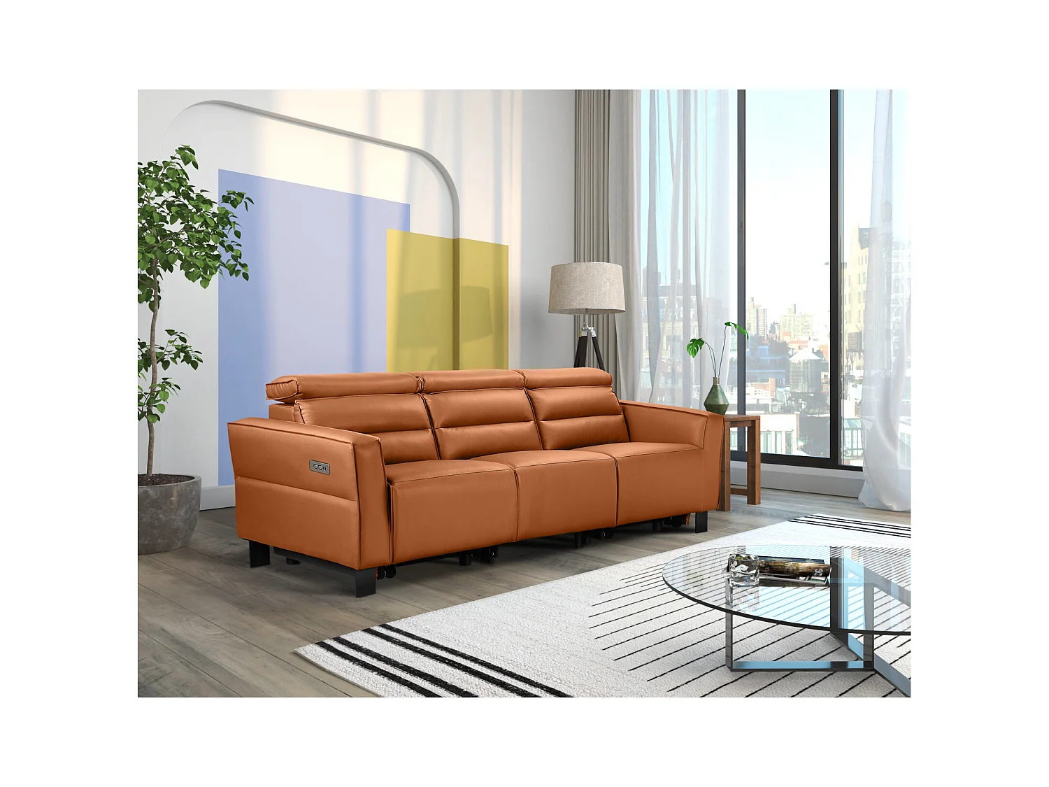 Lund | Divano a 3 posti con 2 poltrone reclinabili elettriche in PU cognac