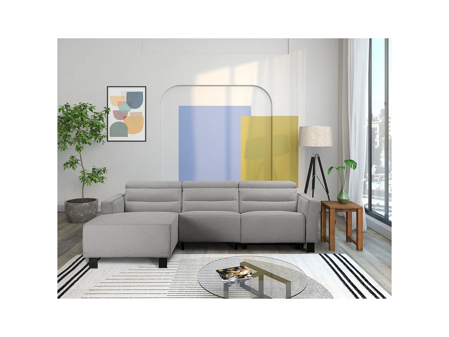 Carpari | Sofá esquinero de 3 plazas con función manual en tela gris claro