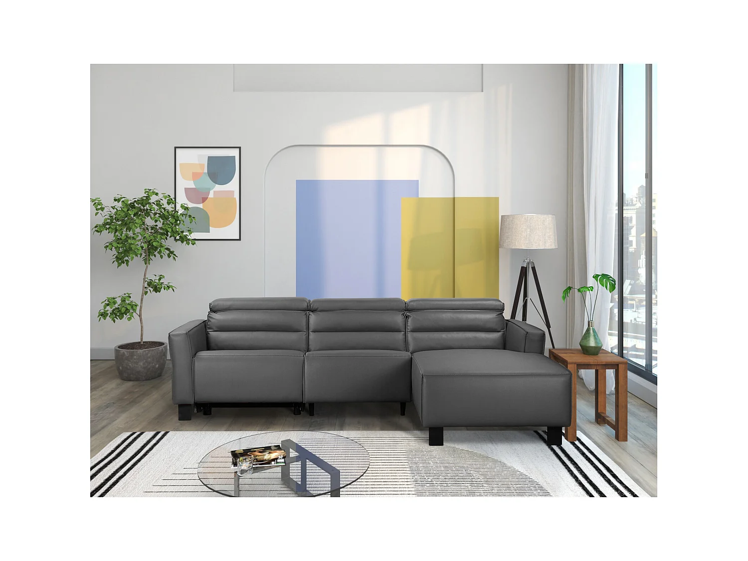 Hoekbank 3-zits met 1 elektrische verstelbare rugleuning in grijs PU