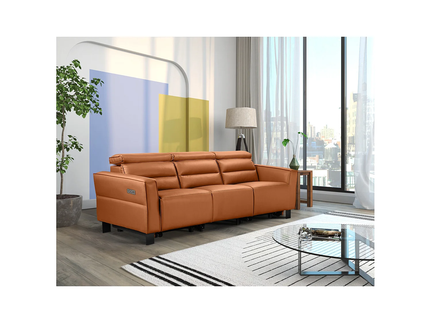 3-zits bank met 2 elektrische relaxstoelen in cognackleurig leer PU