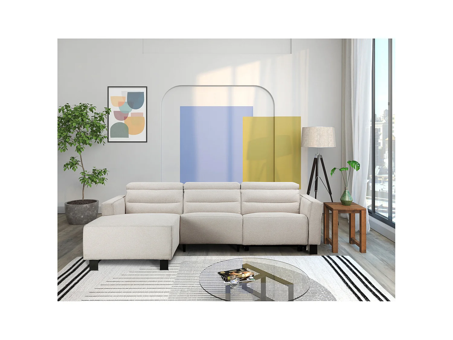 Carpari | Sofá esquinero de 3 plazas con 1 sillón reclinable manual en tela crema