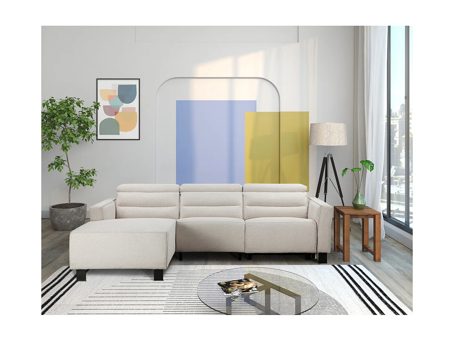 Carpari | Canapé d’angle 3 places avec 1 fauteuil inclinable manuel en tissu crème