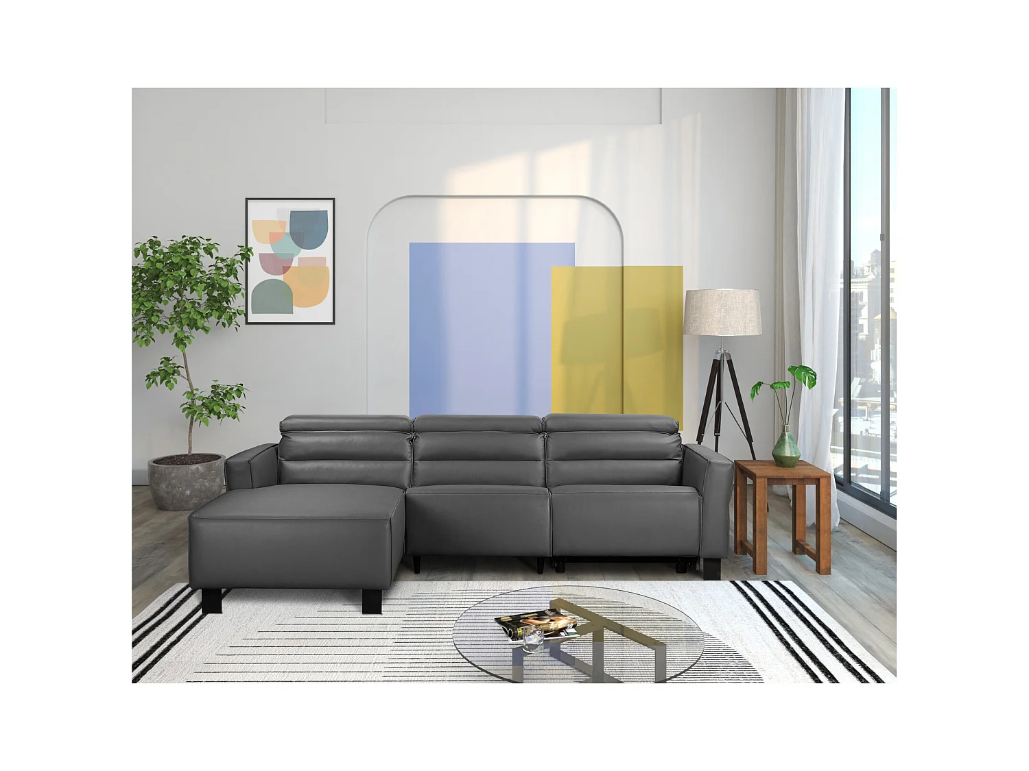 Carpari | Divano angolare 3 posti con 1 poltrona reclinabile elettrica in PU grigio