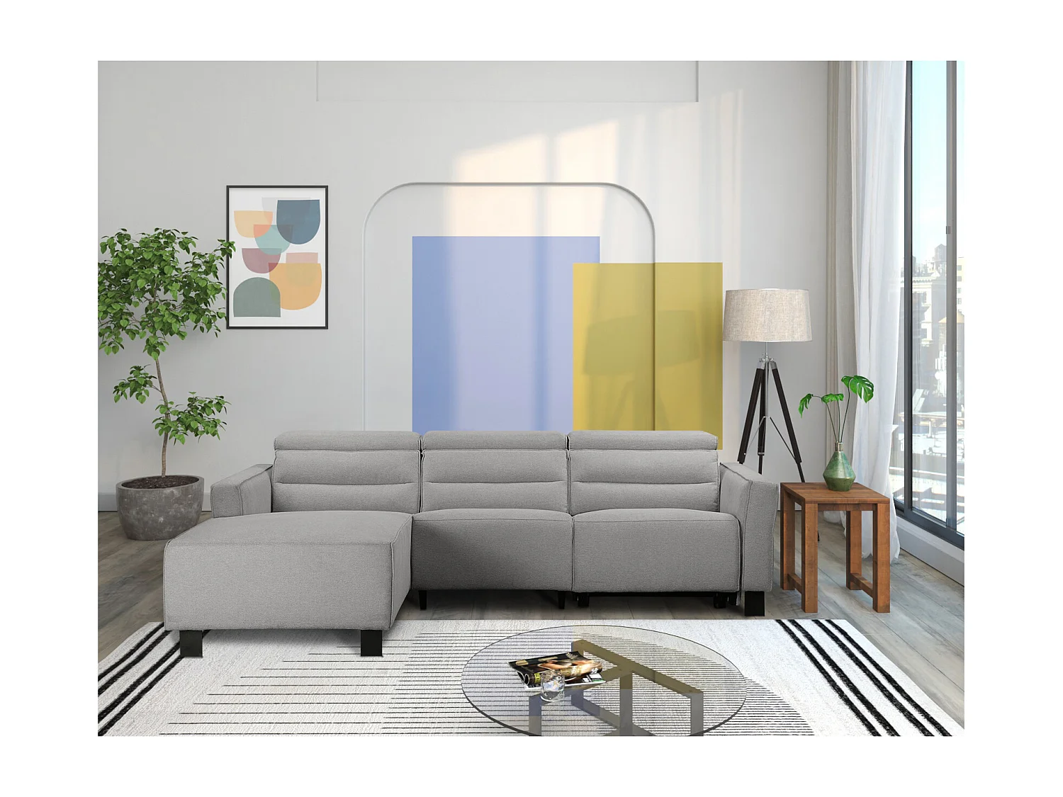 Lund | Canapé d’angle 3 places avec 1 fauteuil inclinable manuel en velours côtelé gris