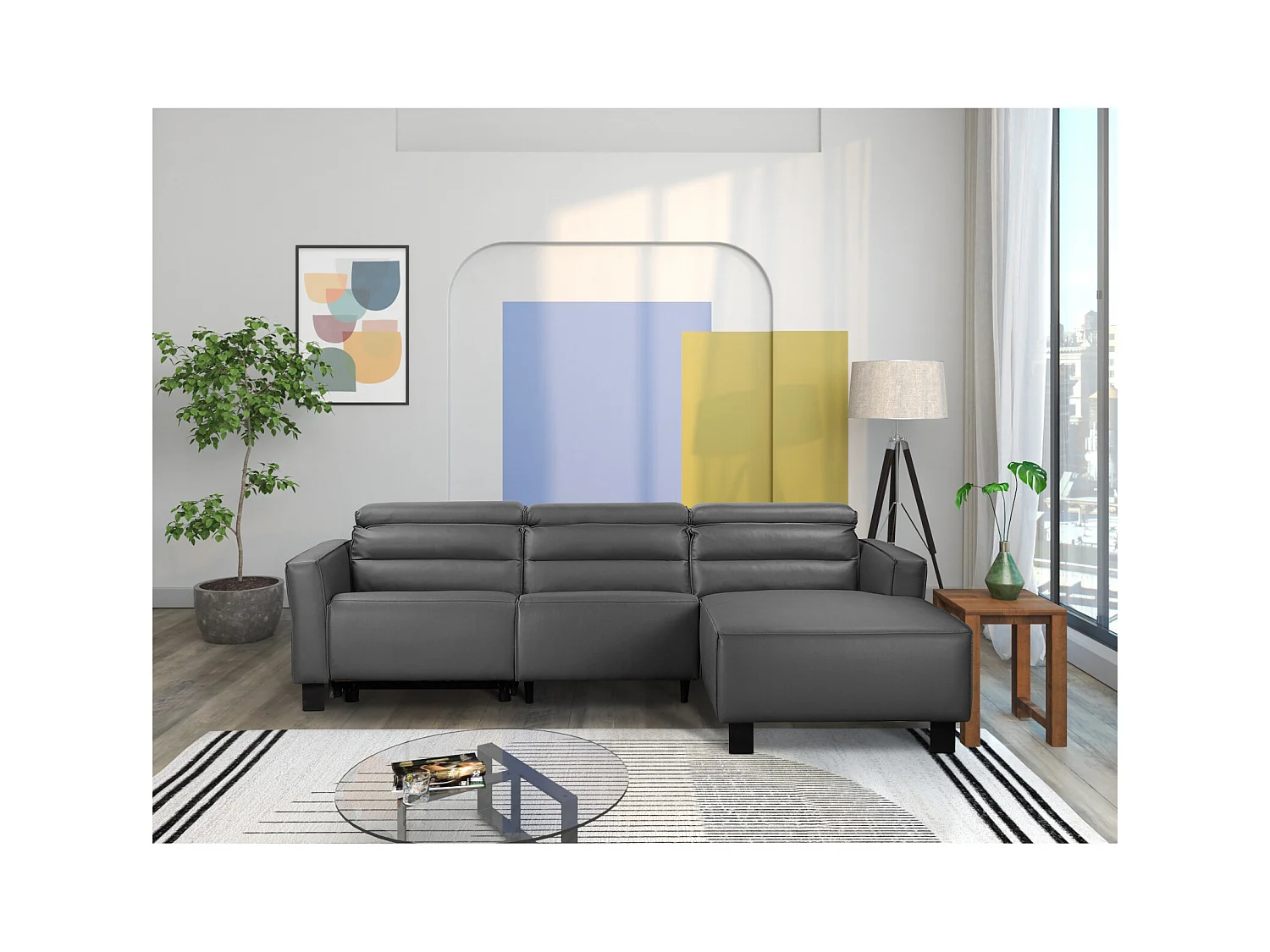 Carpari | Sofá esquinero de 3 plazas con 1 sillón reclinable manual en pielPU gris