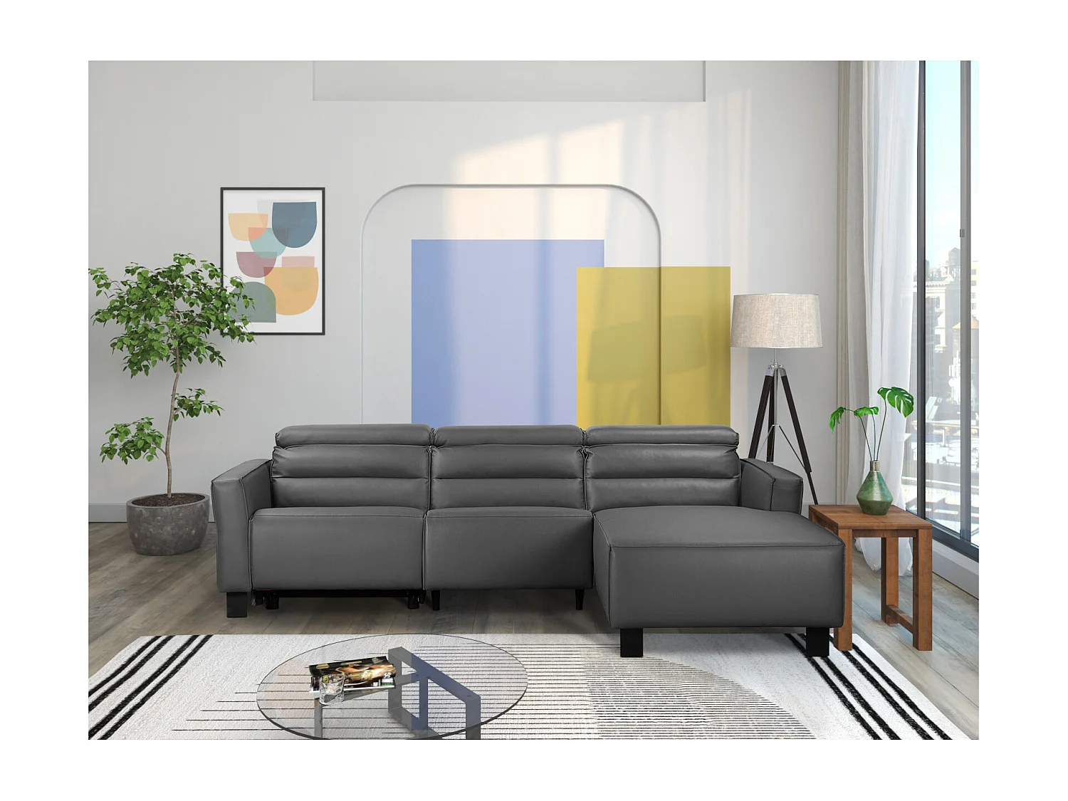 Carpari | Canapé d’angle 3 places avec 1 fauteuil inclinable manuel en cuir/PU gris