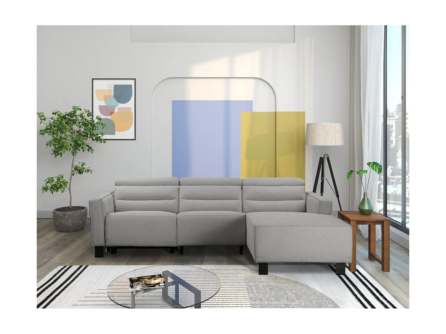 Lund | Canapé d’angle 3 places avec 1 fauteuil inclinable manuel en velours côtelé crème