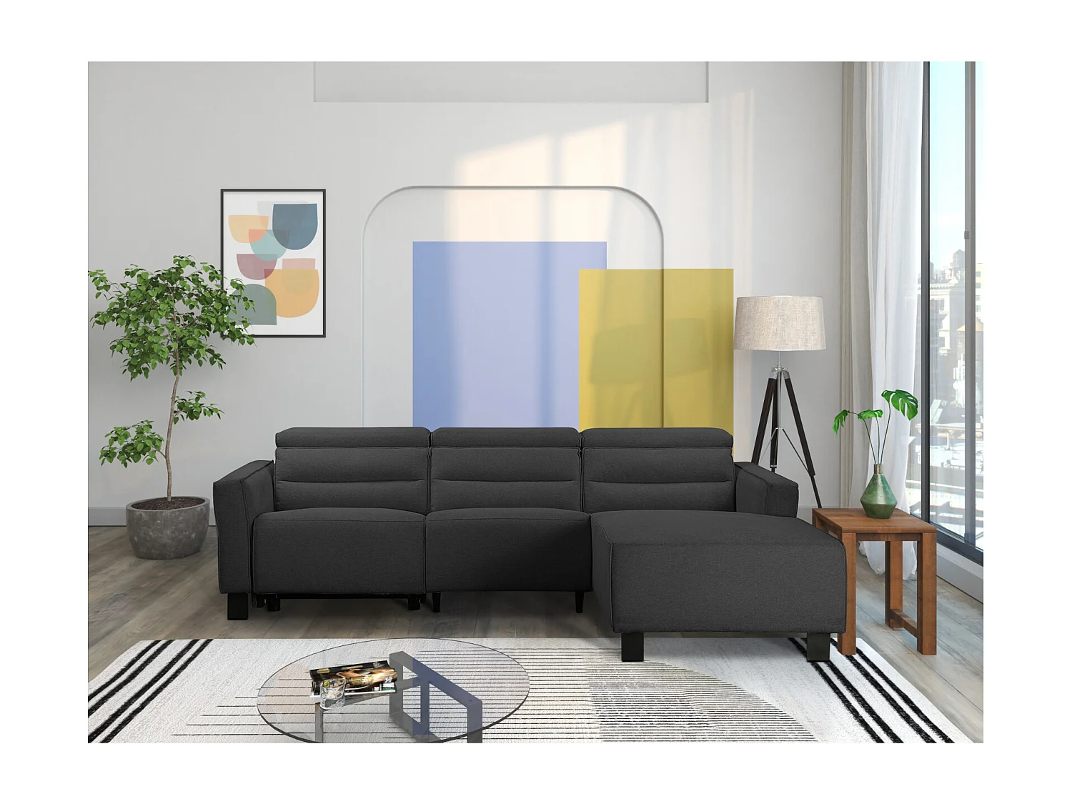 Lund | Canapé d’angle 3 places avec fonction manuelle en tissu anthracite