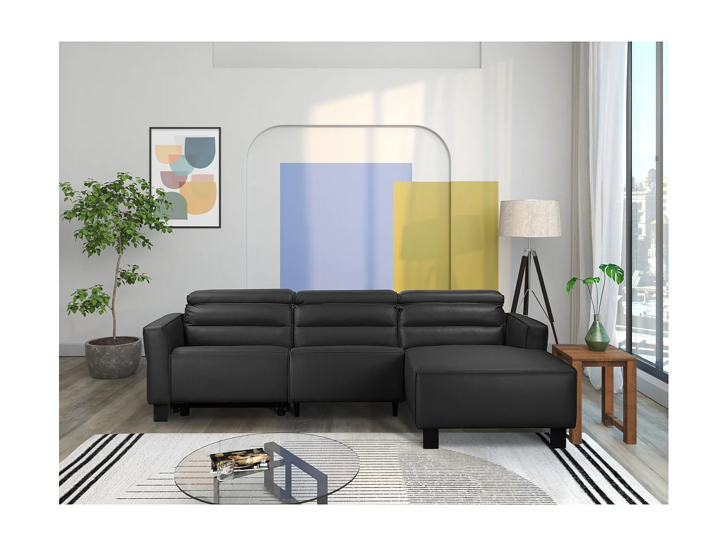 Carpari | Canapé d’angle 3 places avec 1 fauteuil inclinable manuel en PU noir