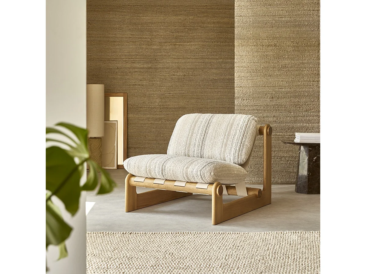 XL-Sessel aus massivem Eichenholz und beigem Stoff