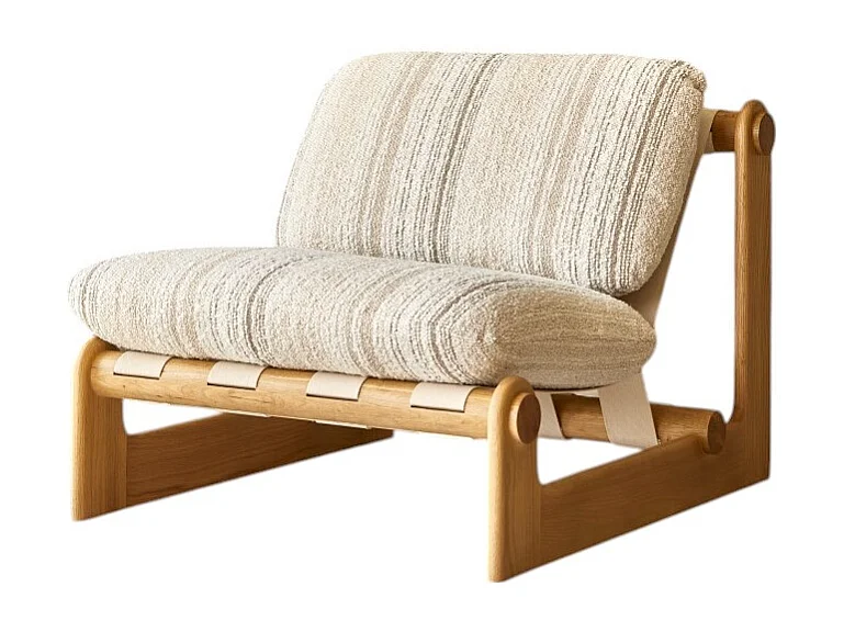 XL-Sessel aus massivem Eichenholz und beigem Stoff