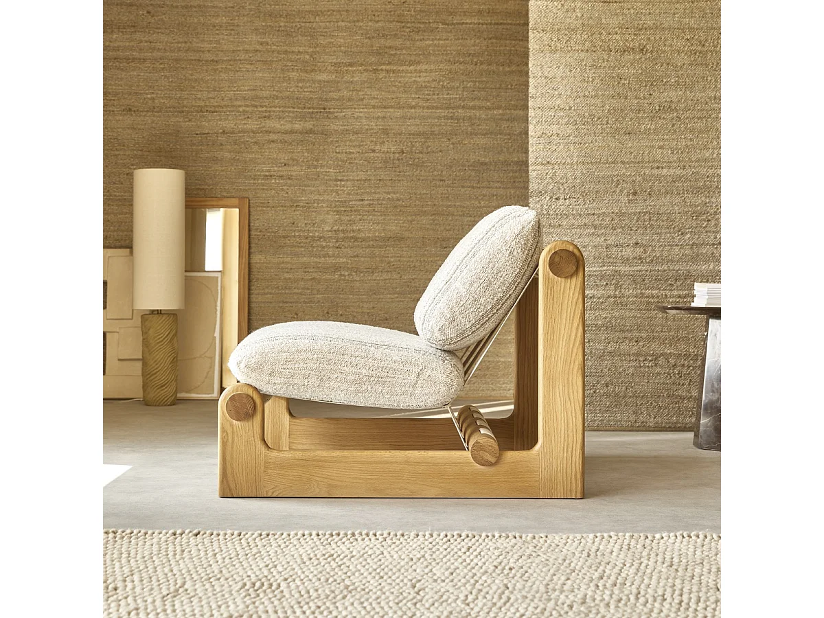 XL-Sessel aus massivem Eichenholz und beigem Stoff