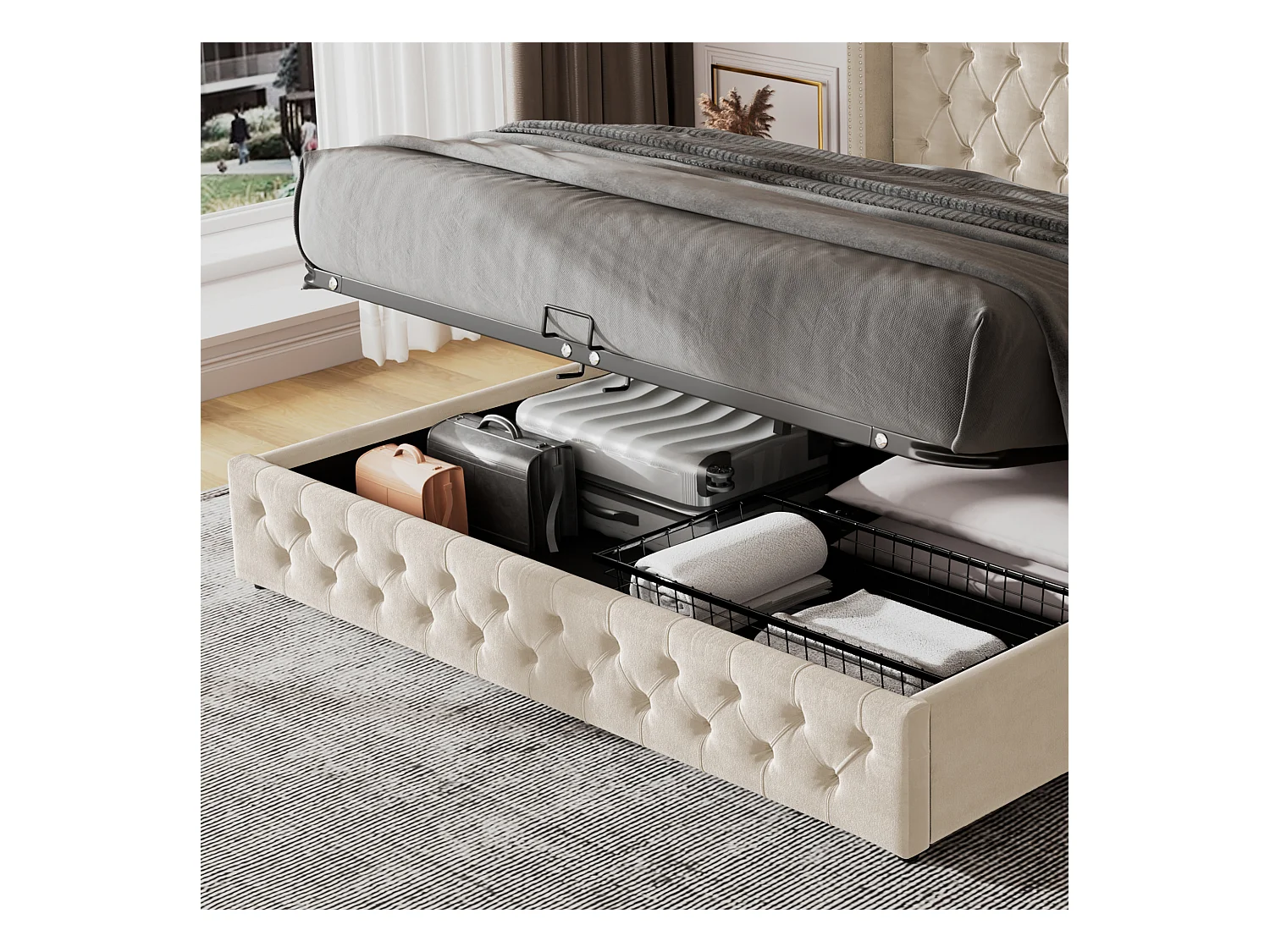 Lit rembourré beige 180x200 cm avec tête de lit haute, rangement hydraulique et clous décoratifs élégants