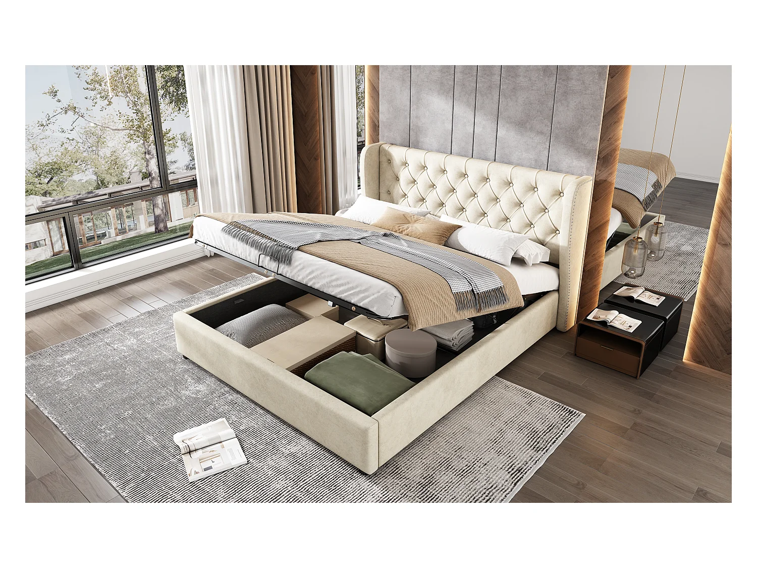 Lit rembourré beige 140x190 cm avec échelle, barrières de sécurité et rangement intégré, design confortable