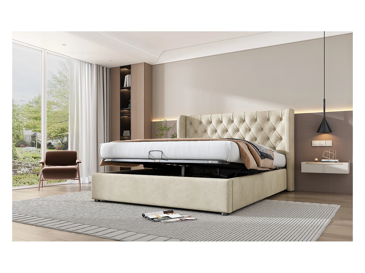 Lit rembourré beige 140x190 cm avec échelle, barrières de sécurité et rangement intégré, design confortable