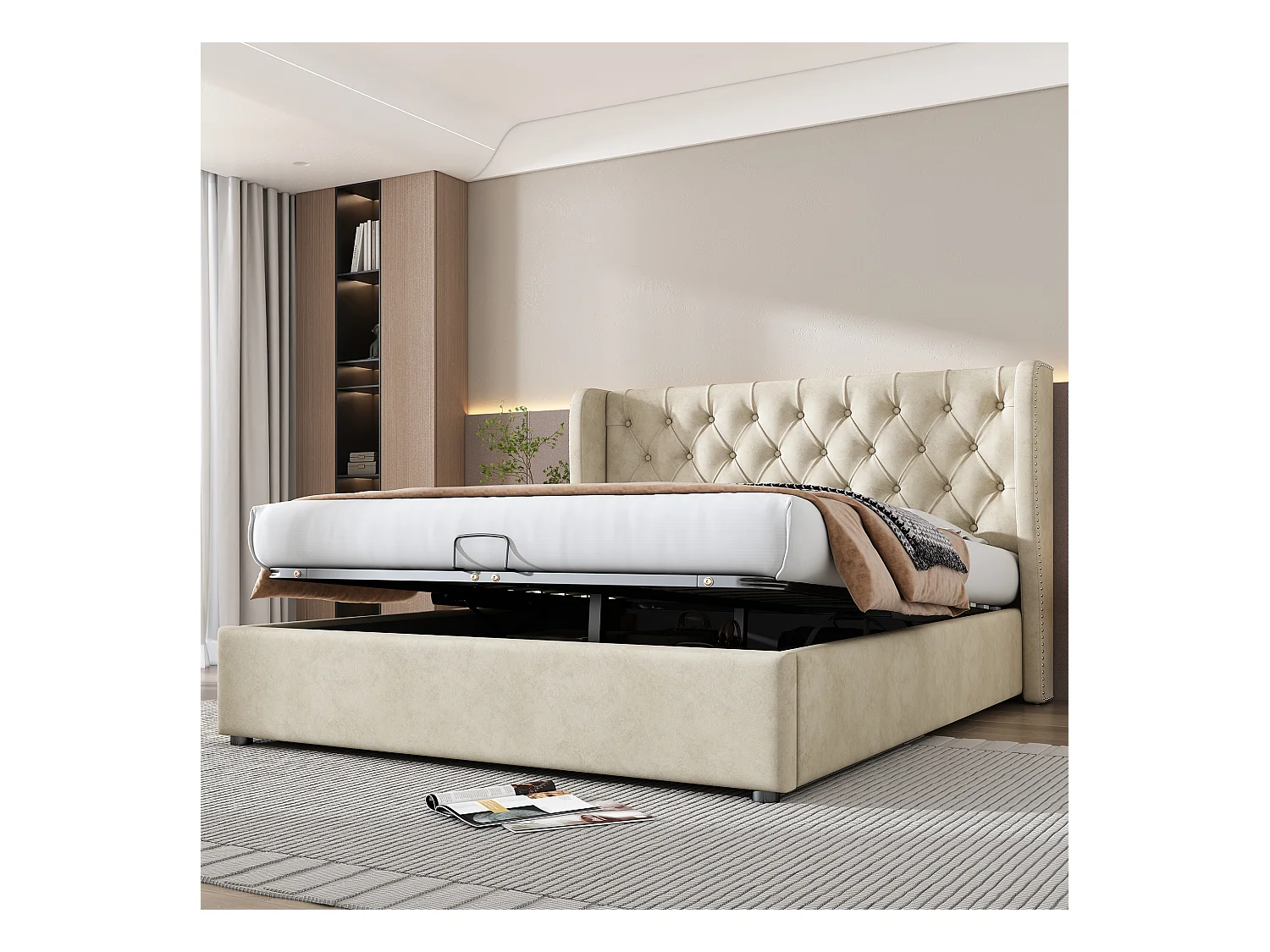 Lit rembourré beige 140x190 cm avec échelle, barrières de sécurité et rangement intégré, design confortable