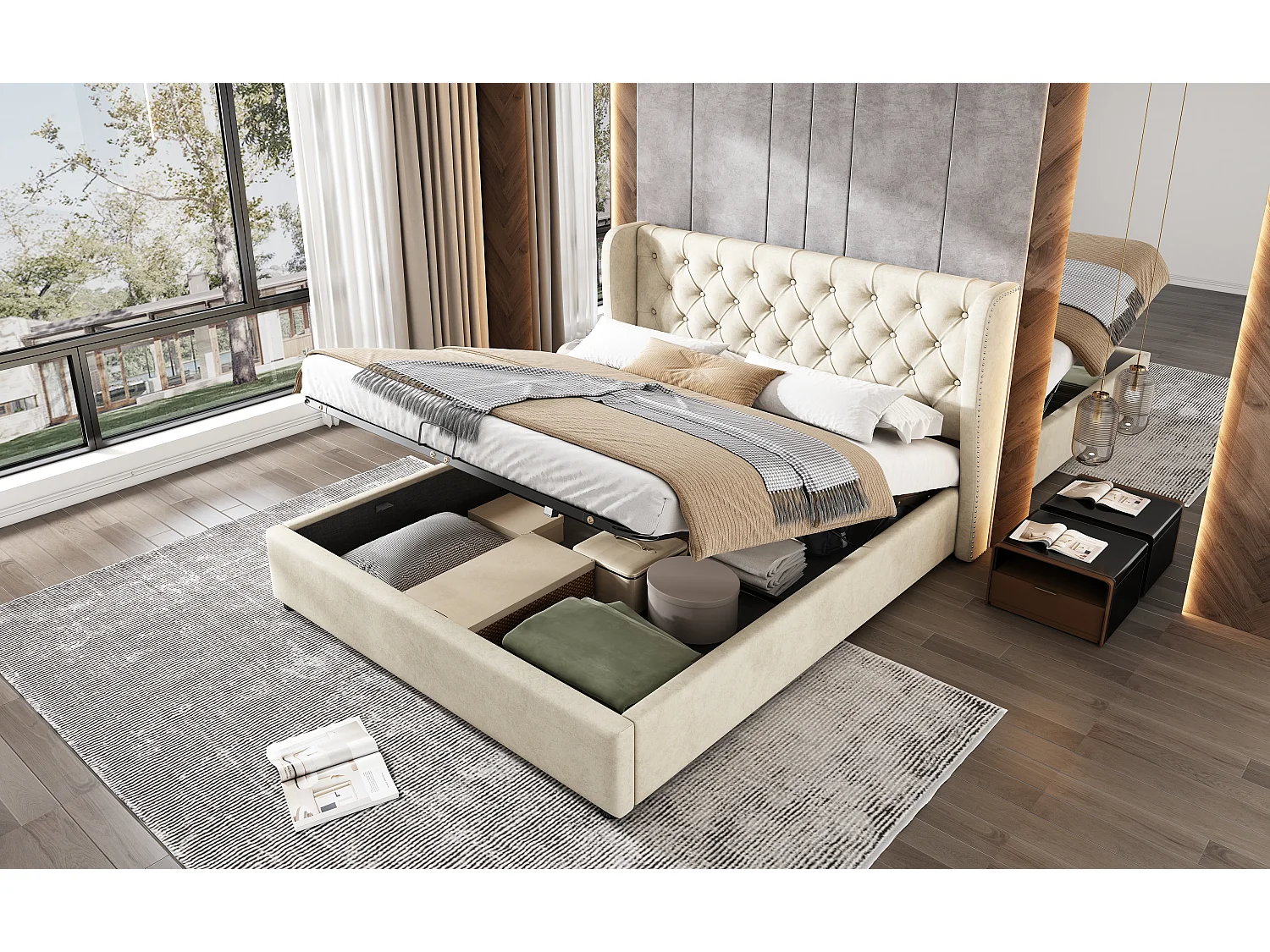 Lit rembourré beige 140x190 cm avec échelle, barrières de sécurité et rangement intégré, design confortable