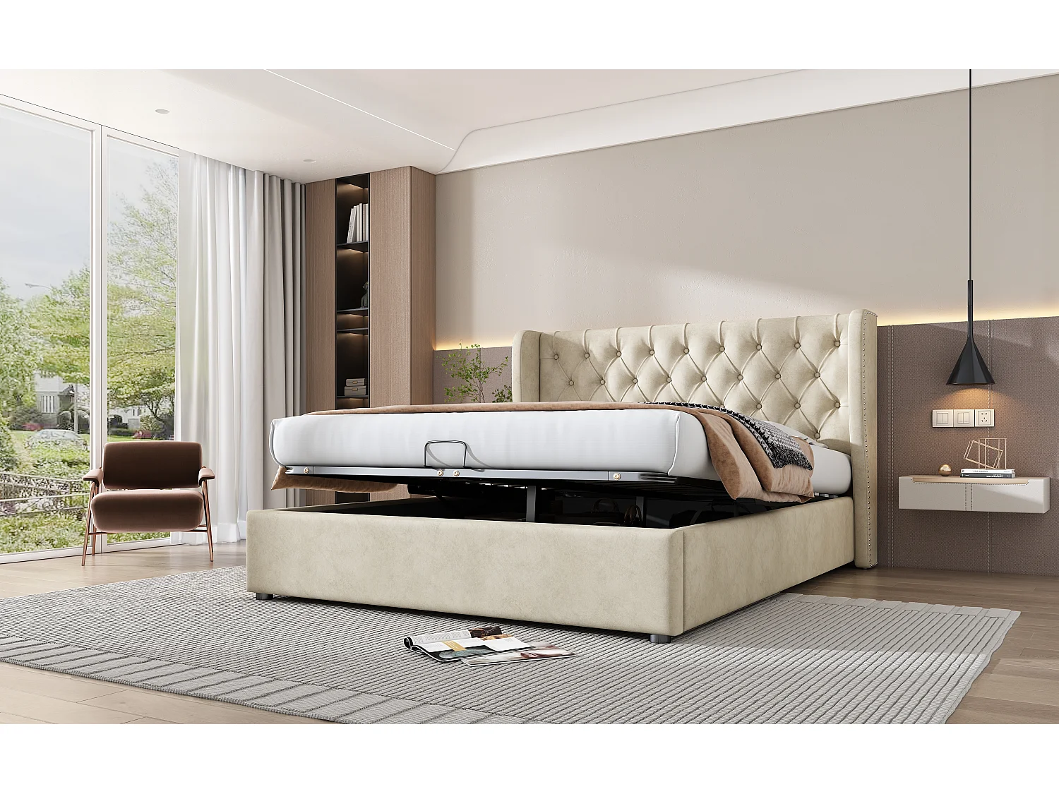 Lit rembourré beige 140x190 cm avec échelle, barrières de sécurité et rangement intégré, design confortable