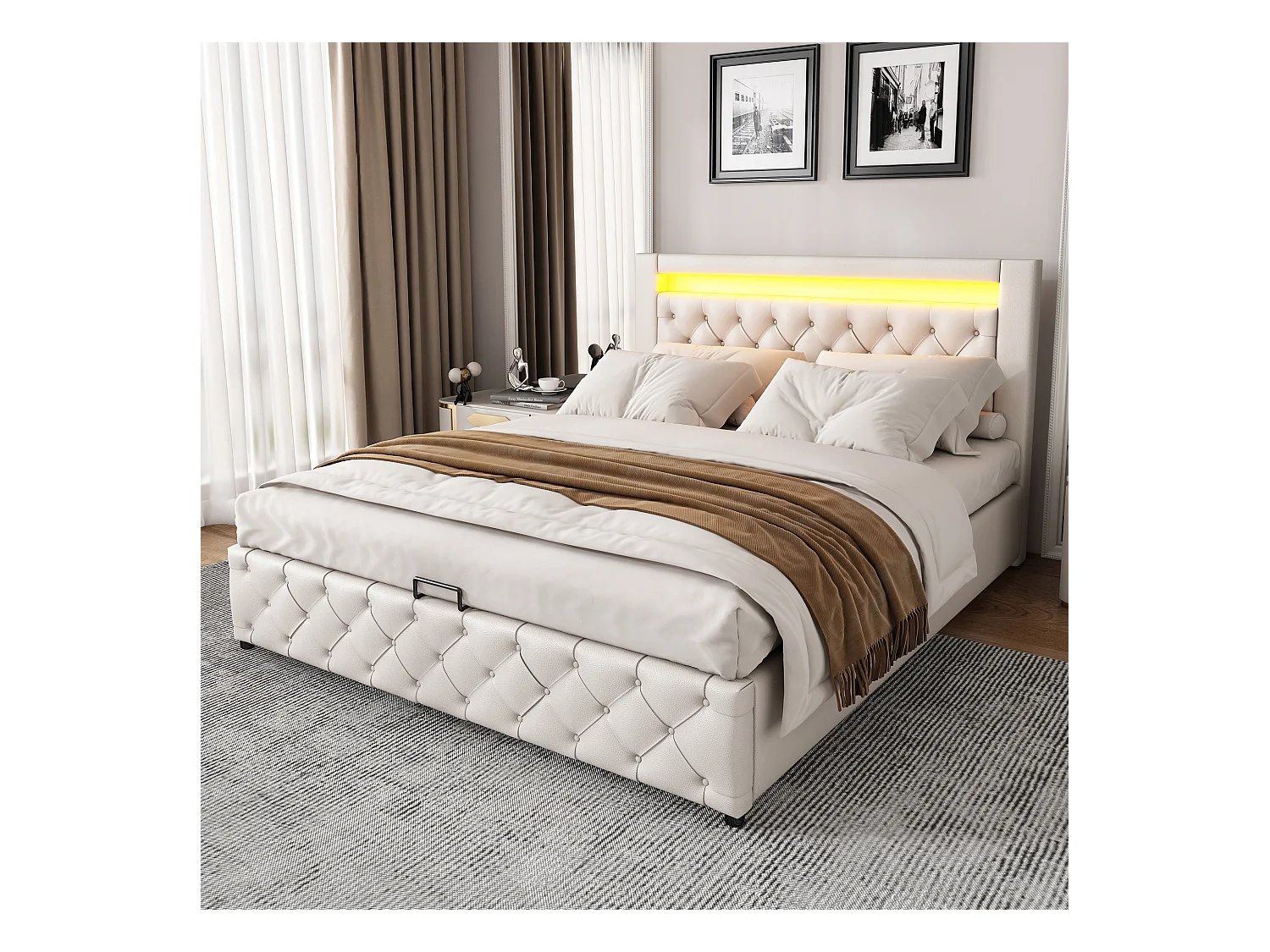 Lit rembourré blanc 140x200 cm avec sommier à lattes, rangement et éclairage LED, design fonctionnel