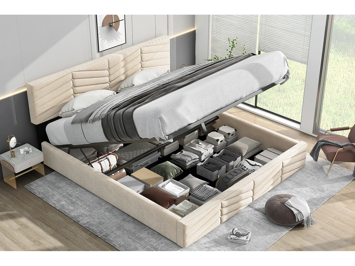 Lit rembourré beige 180x200 cm avec tête de lit réglable et rangement hydraulique spacieux pour chambre