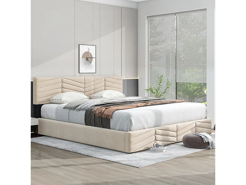 Lit rembourré beige 180x200 cm avec tête de lit réglable et rangement hydraulique spacieux pour chambre