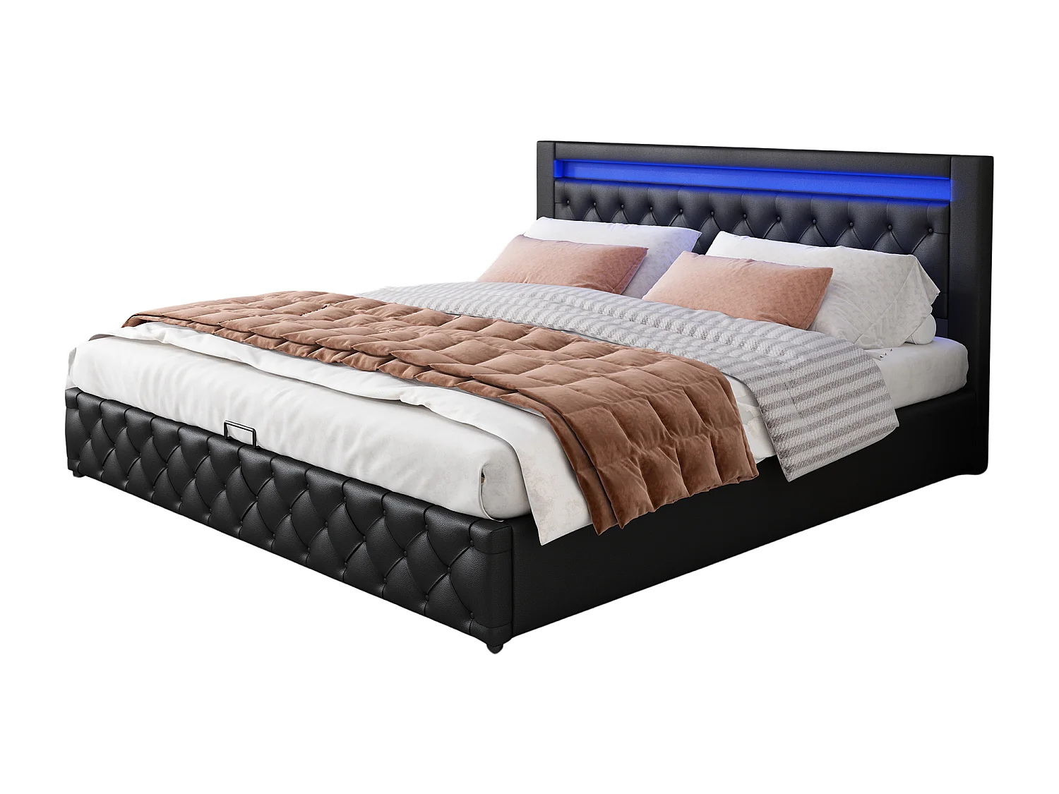 Lit rembourré noir 160x200 cm avec sommier, espace de rangement et éclairage LED pratique pour chambre