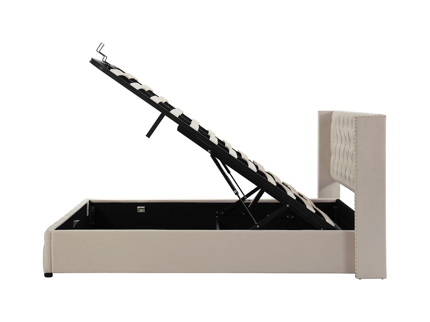 Lit rembourré beige 140x190 cm capitonné avec coffre et système hydraulique, style chic et pratique pour chambre