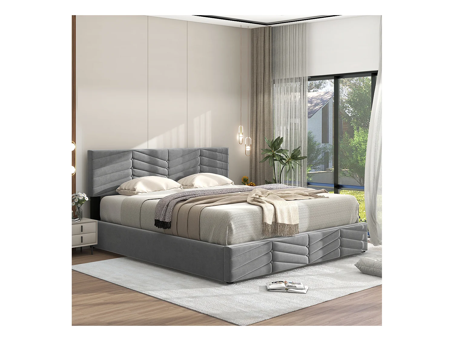Lit rembourré gris 140x200 cm avec tête de lit ajustable et rangement pratique pour chambre adulte moderne