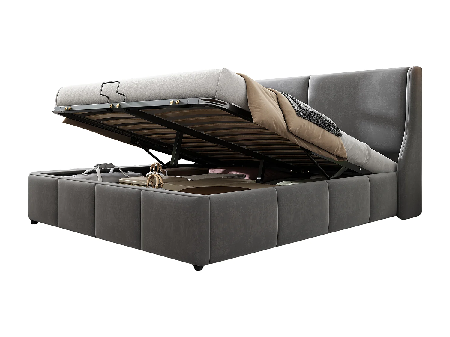 Lit rembourré gris 180x200 cm avec tête de lit en coussin et rangement spacieux, style moderne et élégant