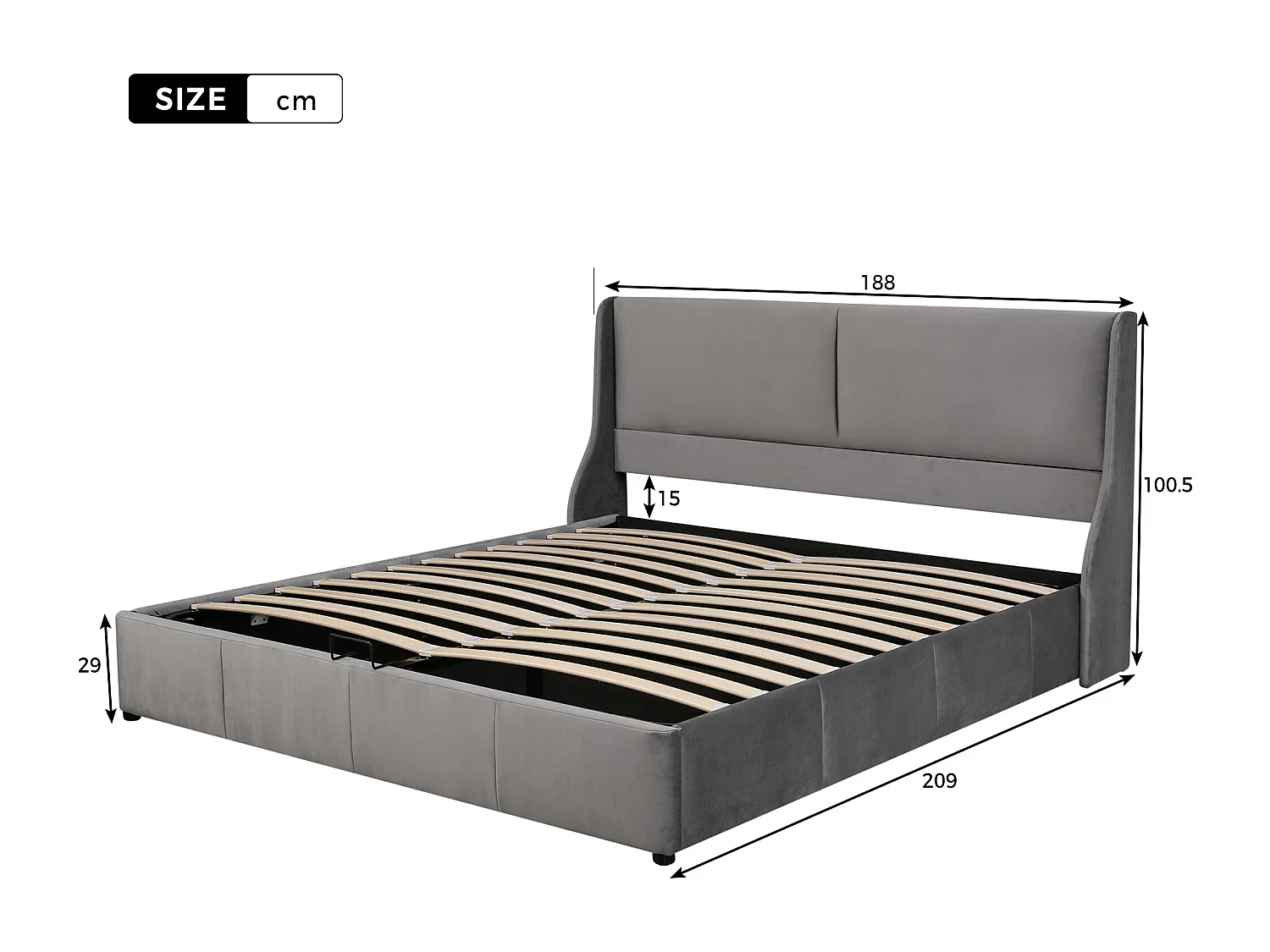 Lit rembourré gris 180x200 cm avec tête de lit en coussin et rangement spacieux, style moderne et élégant