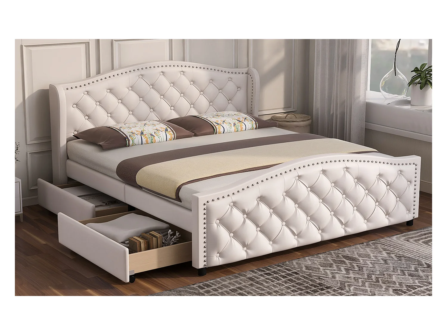 Lit rembourré blanc 160x200 cm avec sommier à lattes, 2 tiroirs et tête de lit, confort pratique et chic