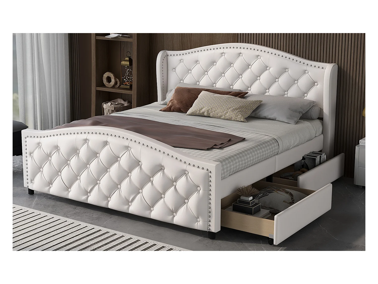 Lit rembourré blanc 160x200 cm avec sommier à lattes, 2 tiroirs et tête de lit, confort pratique et chic