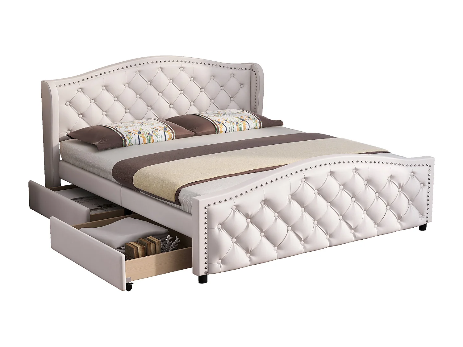 Lit rembourré blanc 160x200 cm avec sommier à lattes, 2 tiroirs et tête de lit, confort pratique et chic