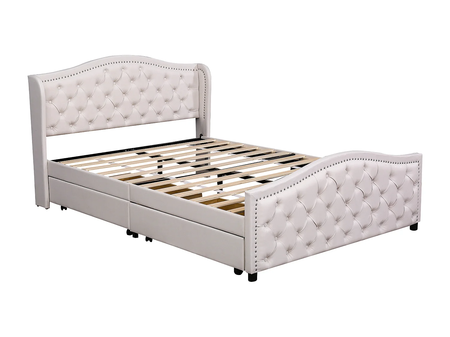 Lit rembourré blanc 160x200 cm avec sommier à lattes, 2 tiroirs et tête de lit, confort pratique et chic