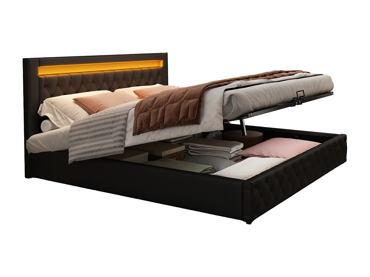 Lit rembourré noir 140x200 cm avec sommier, rangement et éclairage LED, style moderne et pratique pour chambre
